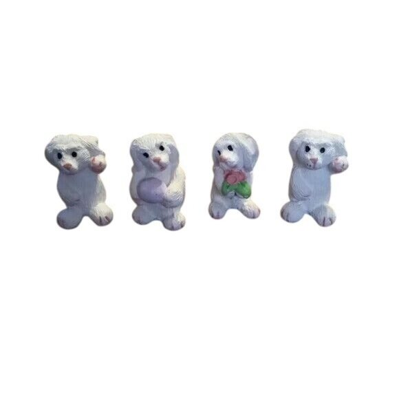 Easter Rabbit Set Of 4 White Resin Bunny Figurines Pink Green Accents Miniature - Picture 1 of 11